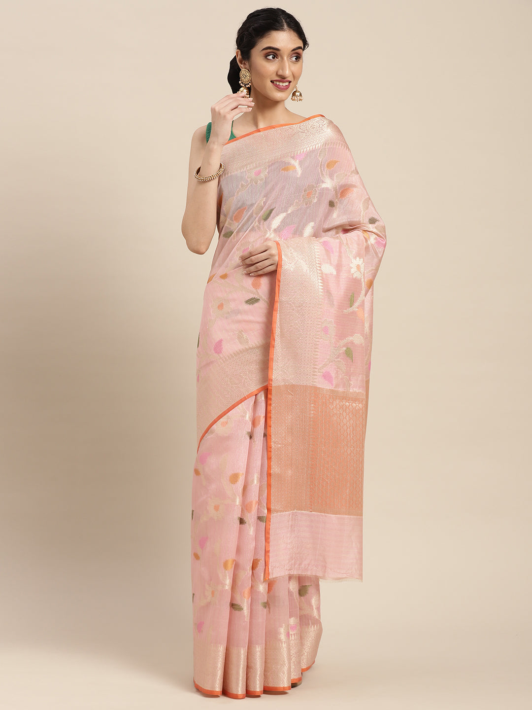 Faishana Presents Handwoven Peach Mulberry Silk Tilfi Jaal Zari Border With Orange Blouse Banarasi Saree