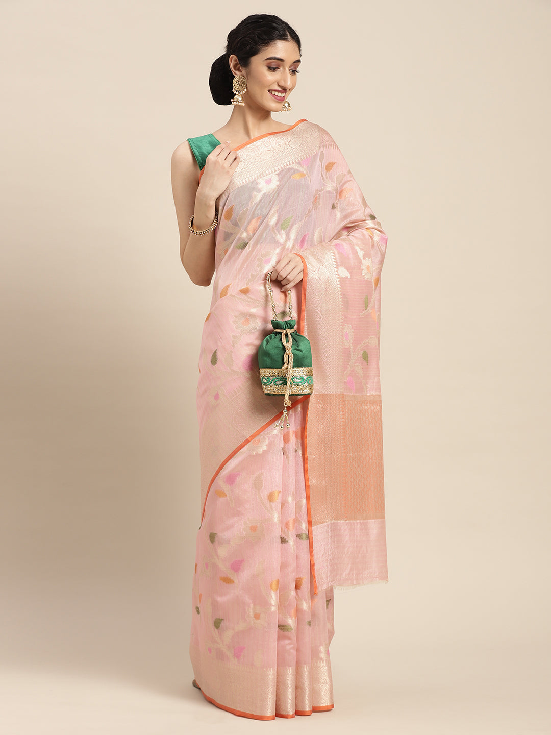 Faishana Presents Handwoven Peach Mulberry Silk Tilfi Jaal Zari Border With Orange Blouse Banarasi Saree