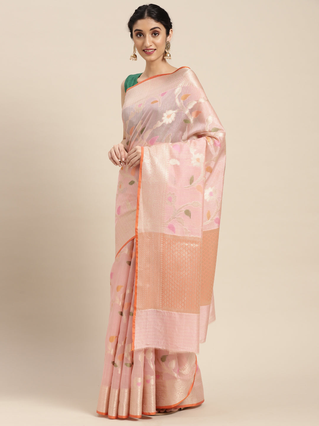 Faishana Presents Handwoven Peach Mulberry Silk Tilfi Jaal Zari Border With Orange Blouse Banarasi Saree