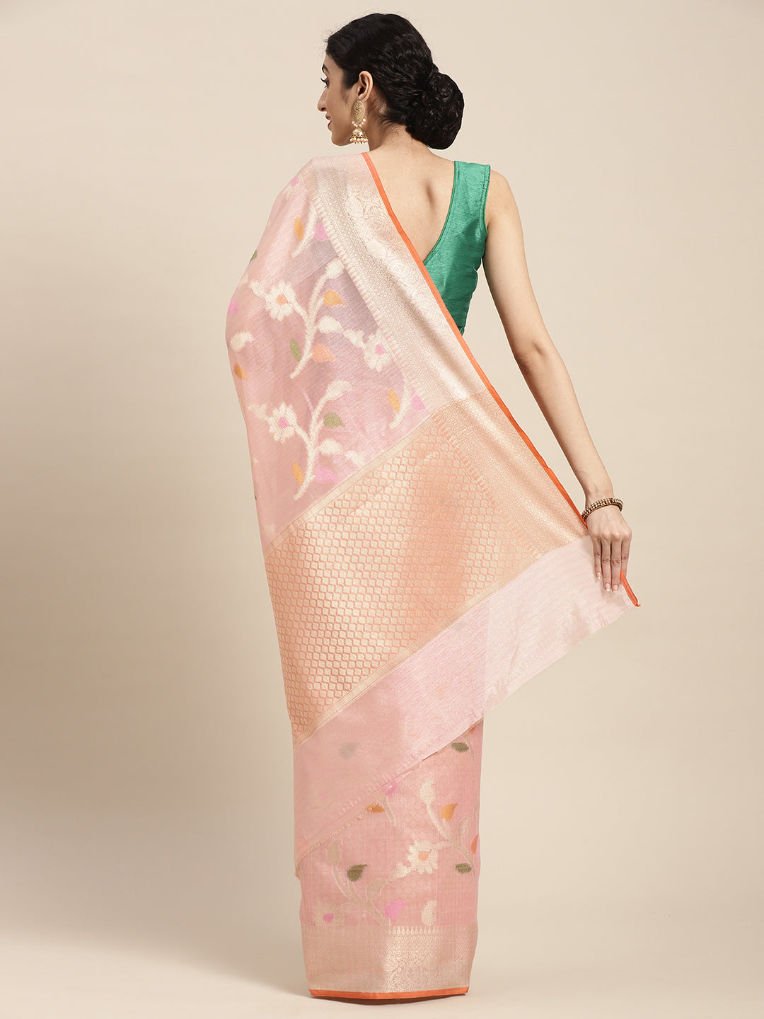 Faishana Presents Handwoven Peach Mulberry Silk Tilfi Jaal Zari Border With Orange Blouse Banarasi Saree