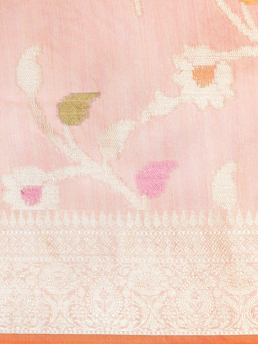 Faishana Presents Handwoven Peach Mulberry Silk Tilfi Jaal Zari Border With Orange Blouse Banarasi Saree