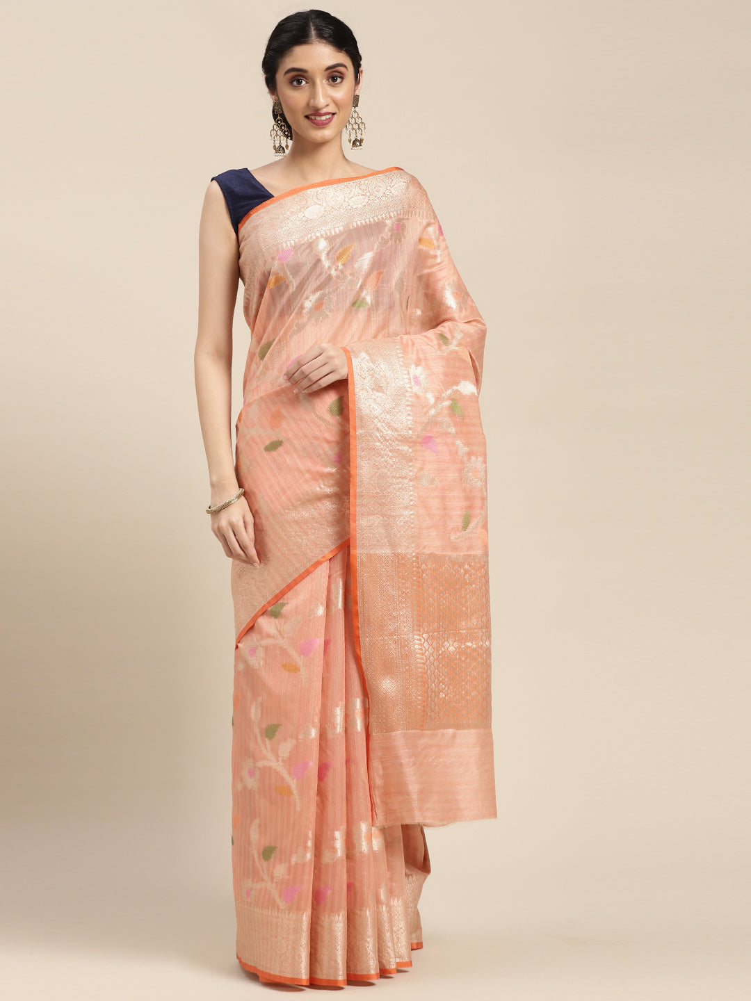 Faishana Presents Handwoven Pink Mulberry Silk Tilfi Jaal Zari Border With Orange Blouse Banarasi Saree