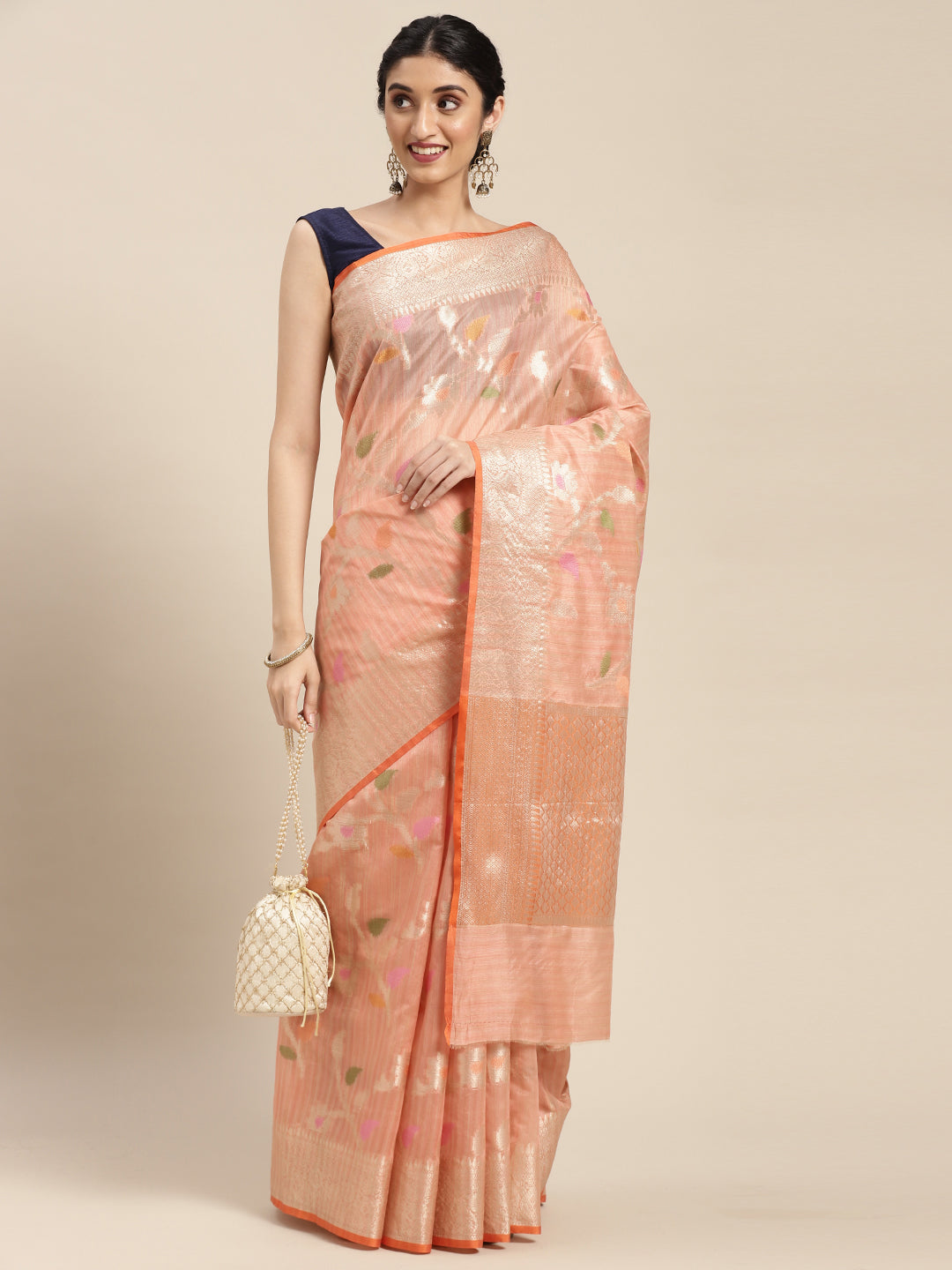 Faishana Presents Handwoven Pink Mulberry Silk Tilfi Jaal Zari Border With Orange Blouse Banarasi Saree