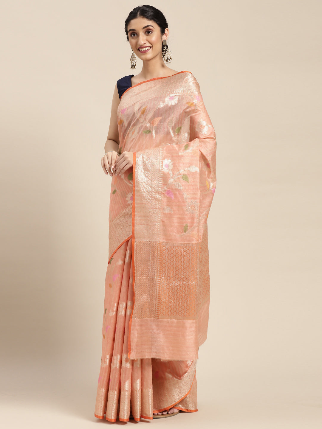 Faishana Presents Handwoven Pink Mulberry Silk Tilfi Jaal Zari Border With Orange Blouse Banarasi Saree
