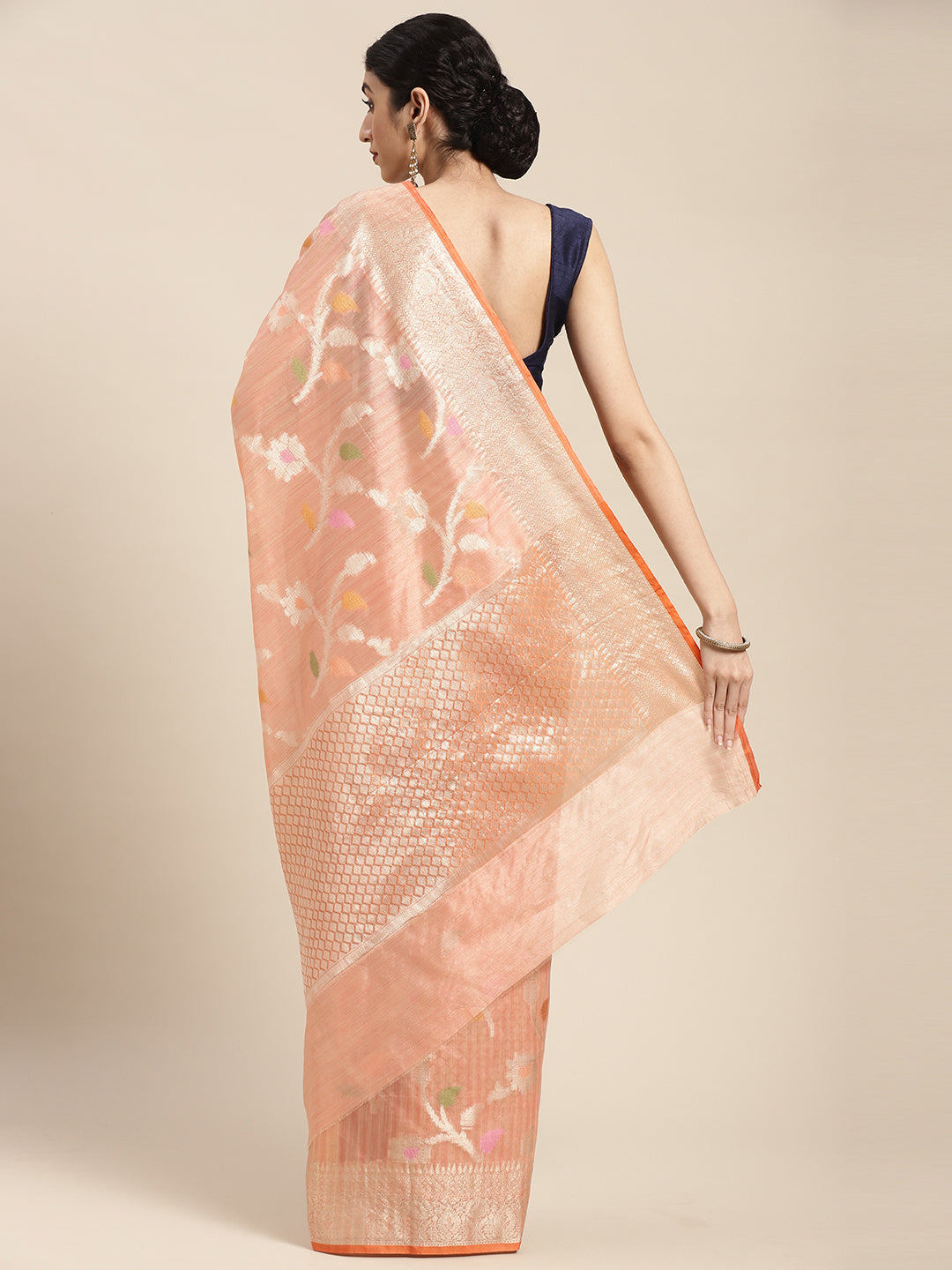 Faishana Presents Handwoven Pink Mulberry Silk Tilfi Jaal Zari Border With Orange Blouse Banarasi Saree