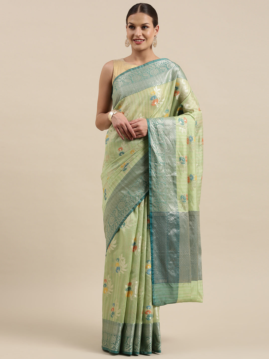 Faishana Presents Handwoven Pistachio Mulberry Silk Tilfi Boota Zari Border With Blue Blouse Banarasi Saree