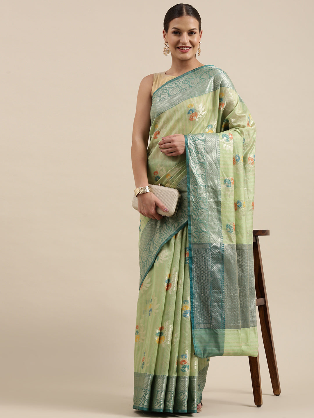 Faishana Presents Handwoven Pistachio Mulberry Silk Tilfi Boota Zari Border With Blue Blouse Banarasi Saree
