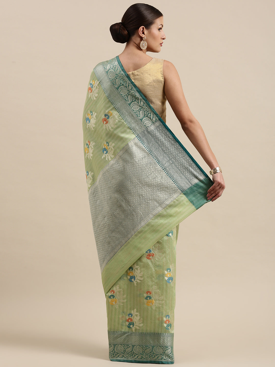 Faishana Presents Handwoven Pistachio Mulberry Silk Tilfi Boota Zari Border With Blue Blouse Banarasi Saree