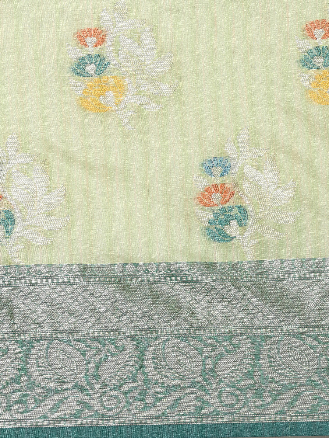 Faishana Presents Handwoven Pistachio Mulberry Silk Tilfi Boota Zari Border With Blue Blouse Banarasi Saree