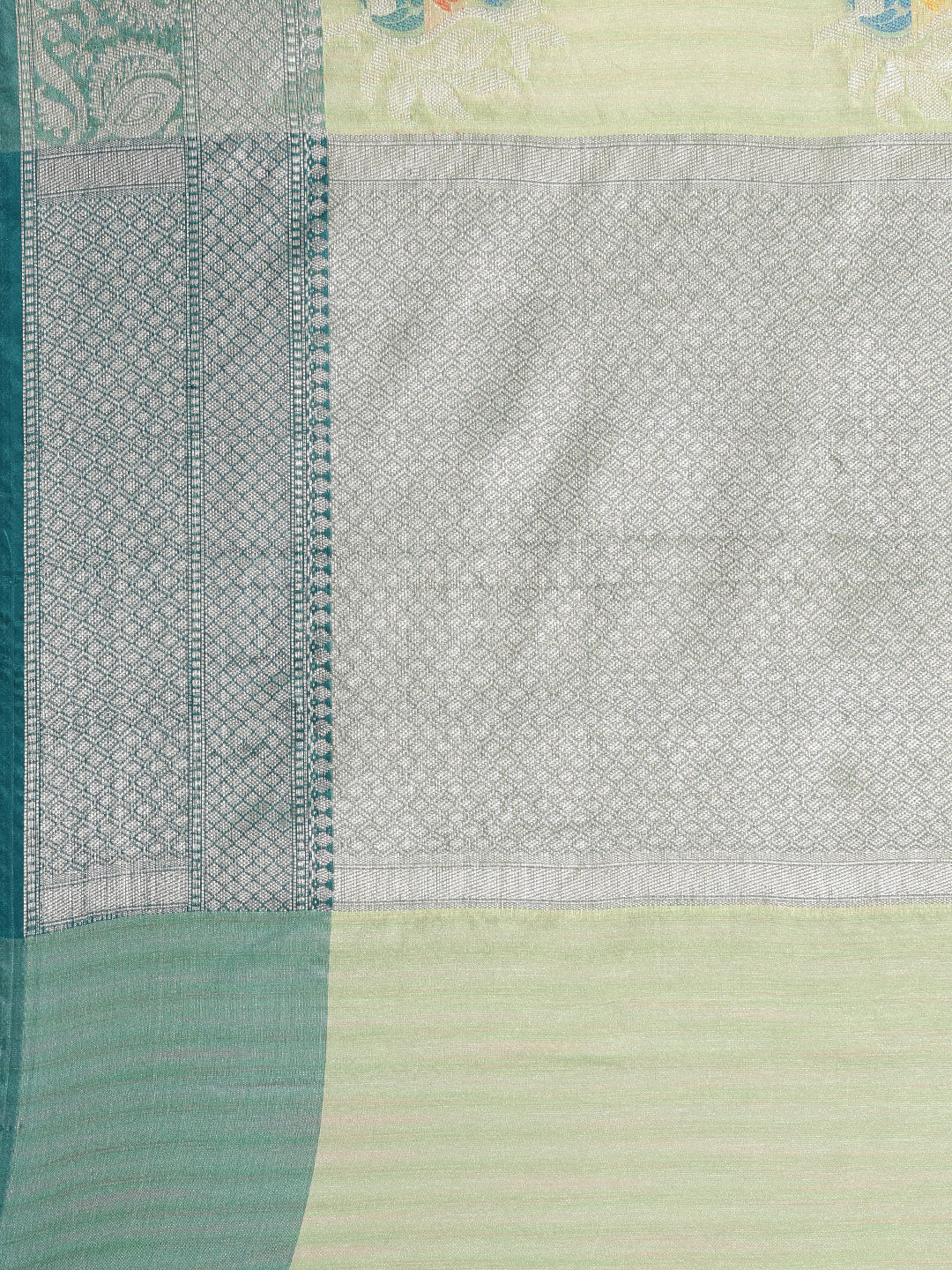 Faishana Presents Handwoven Pistachio Mulberry Silk Tilfi Boota Zari Border With Blue Blouse Banarasi Saree
