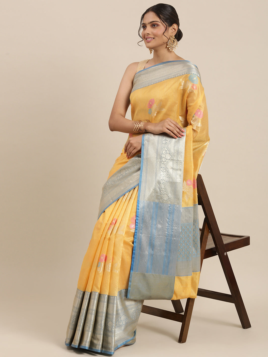 Gold Mulberry Silk Blend Banarasi Sarees For Women GEMELBRSLK_6