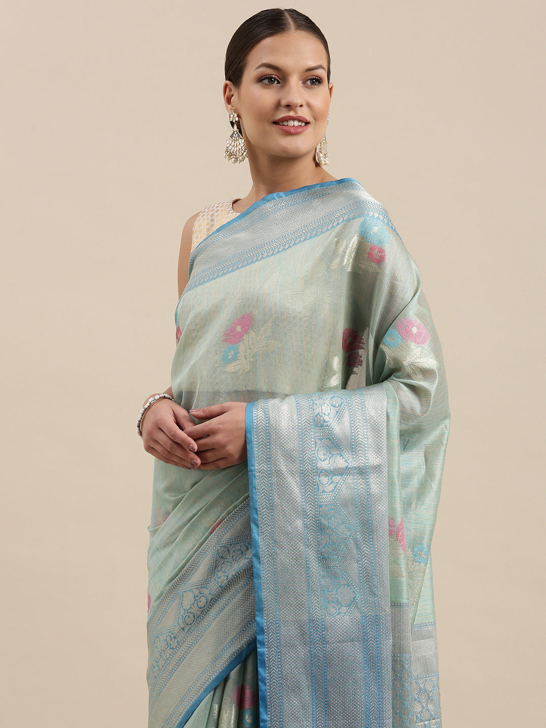 Faishana Presents Handwoven Seagreen Mulberry Silk Tilfi Skirt Zari Border With Peacock Blue Blouse Banarasi Saree