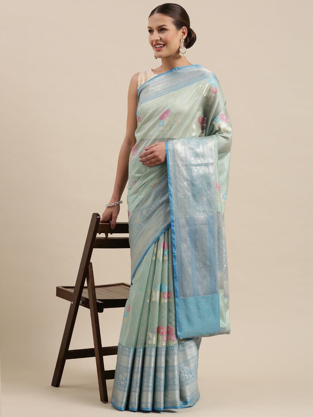 Faishana Presents Handwoven Seagreen Mulberry Silk Tilfi Skirt Zari Border With Peacock Blue Blouse Banarasi Saree