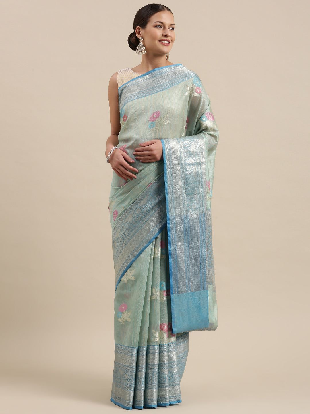 Faishana Presents Handwoven Seagreen Mulberry Silk Tilfi Skirt Zari Border With Peacock Blue Blouse Banarasi Saree