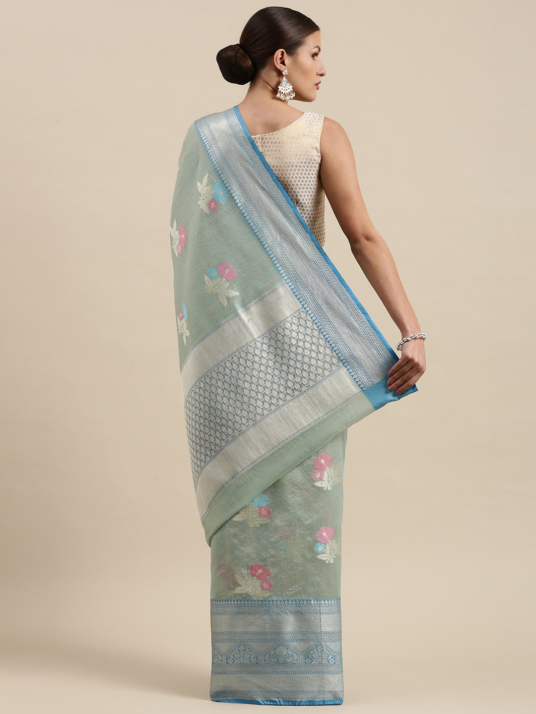 Faishana Presents Handwoven Seagreen Mulberry Silk Tilfi Skirt Zari Border With Peacock Blue Blouse Banarasi Saree
