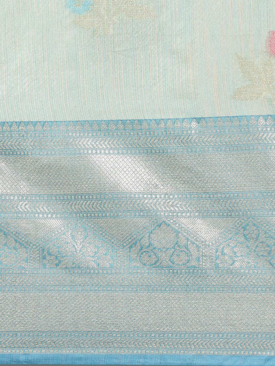 Faishana Presents Handwoven Seagreen Mulberry Silk Tilfi Skirt Zari Border With Peacock Blue Blouse Banarasi Saree