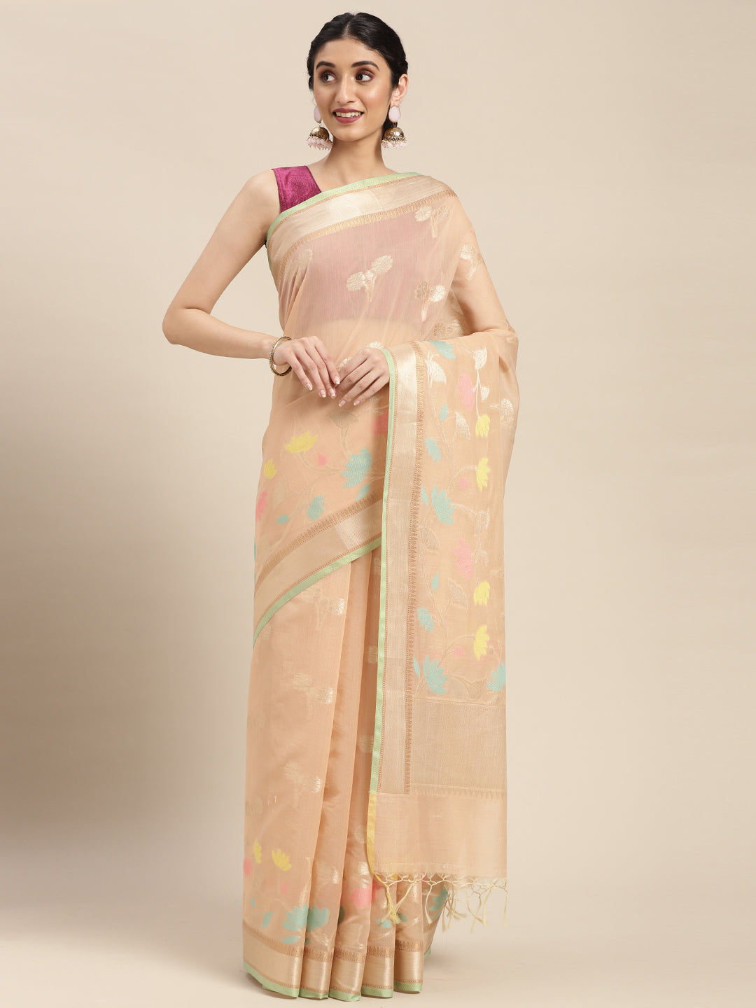 Faishana Presents Handwoven Beige Masrise Cotton Boota Alfi Skirt Border With Beige Blouse Banarasi Saree