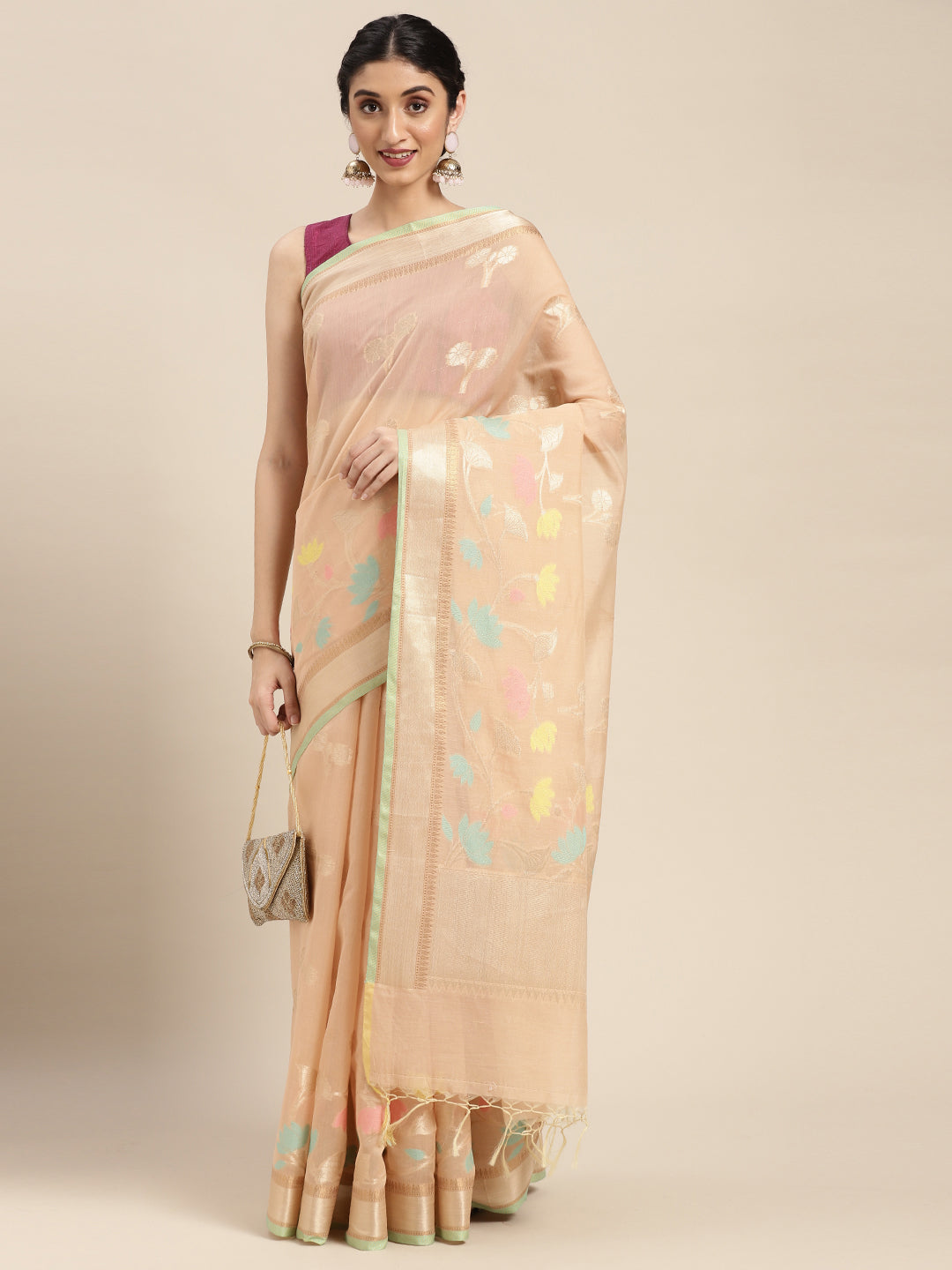 Faishana Presents Handwoven Beige Masrise Cotton Boota Alfi Skirt Border With Beige Blouse Banarasi Saree