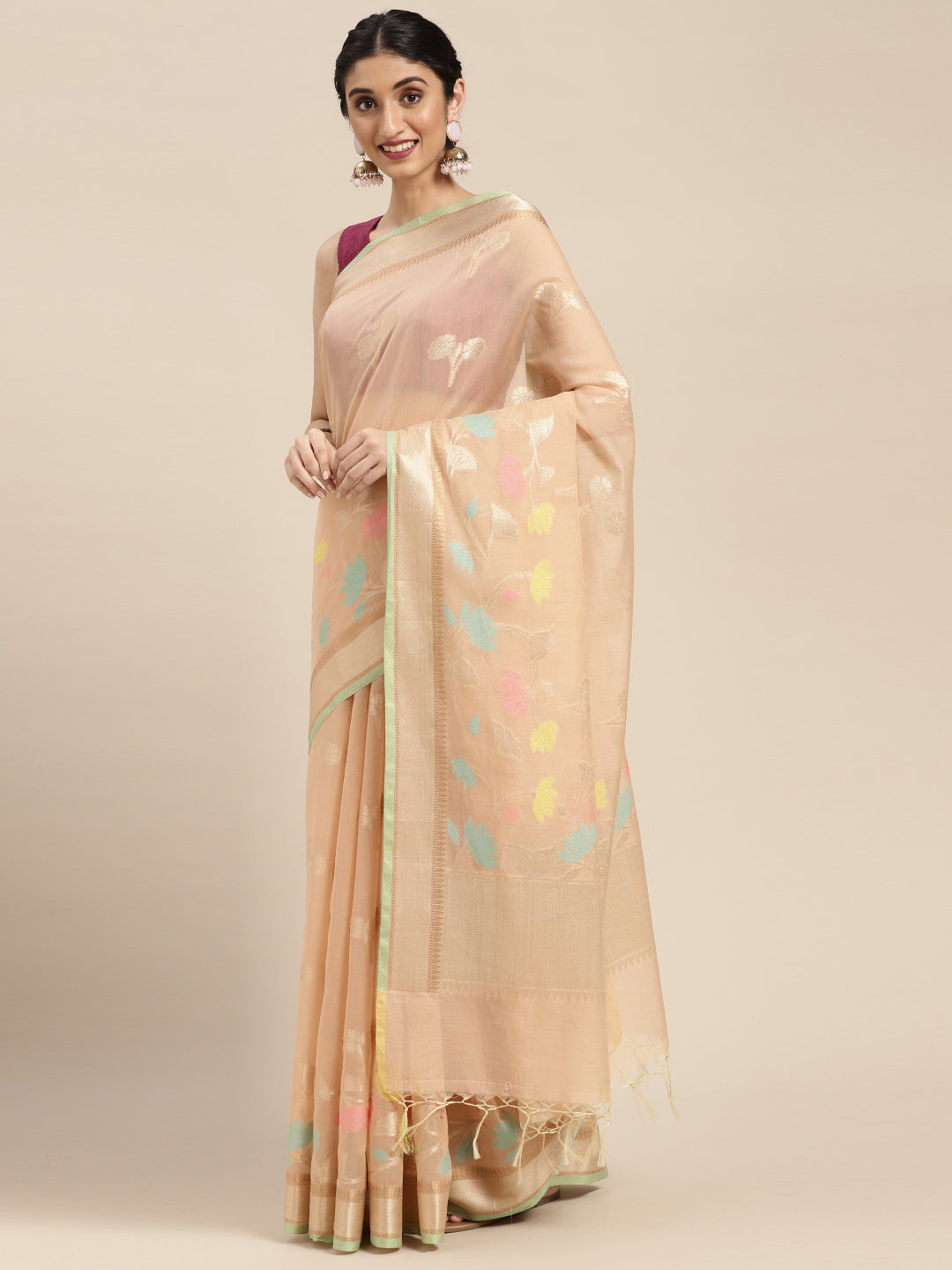 Faishana Presents Handwoven Beige Masrise Cotton Boota Alfi Skirt Border With Beige Blouse Banarasi Saree