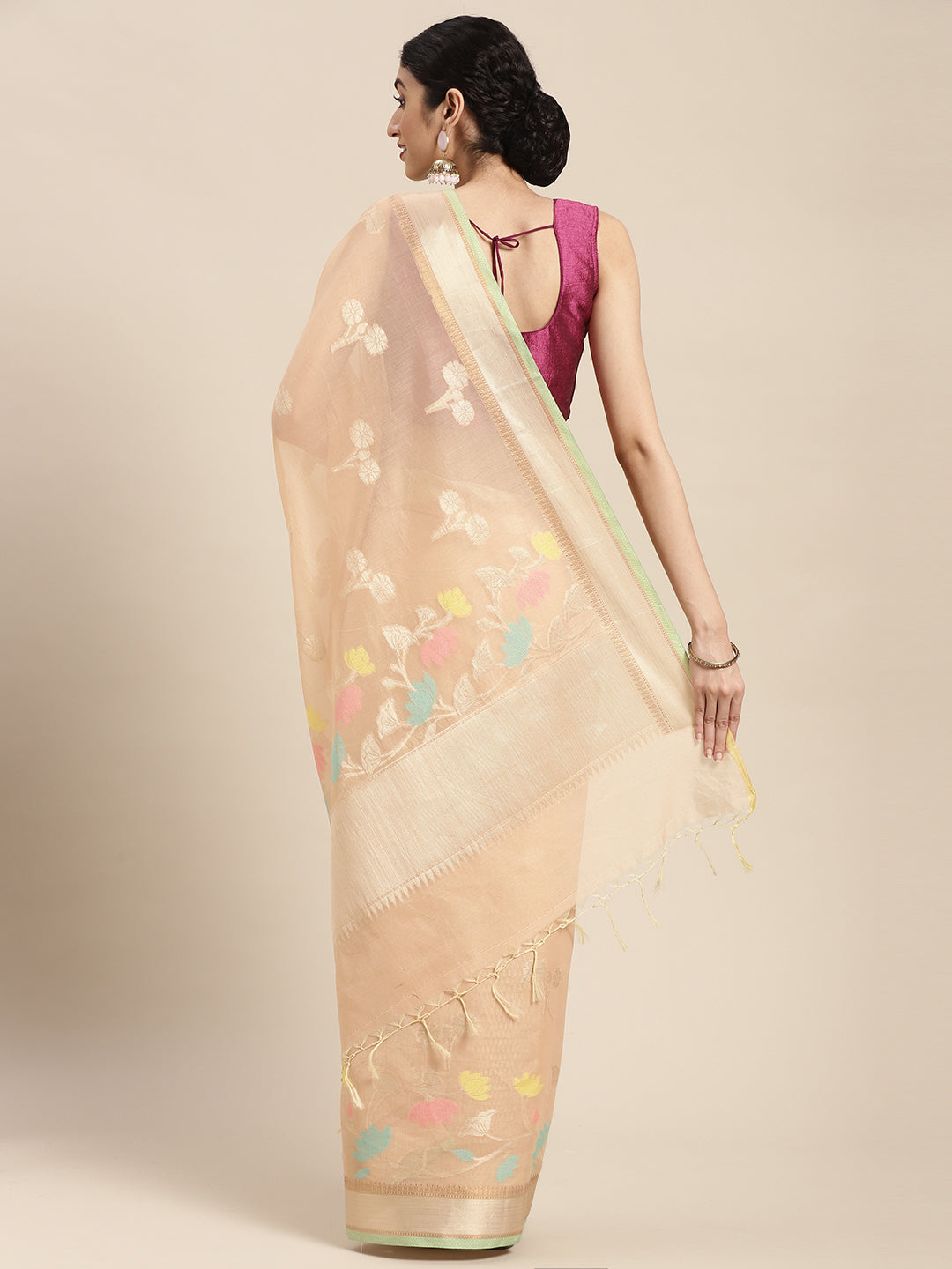 Faishana Presents Handwoven Beige Masrise Cotton Boota Alfi Skirt Border With Beige Blouse Banarasi Saree