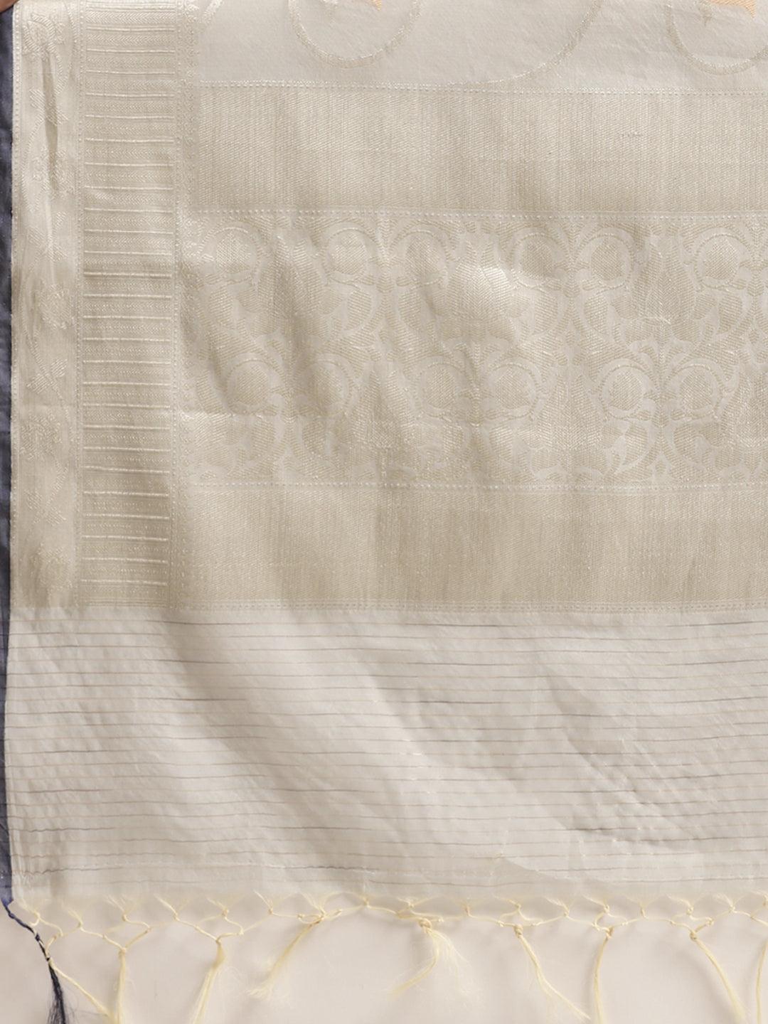Faishana Presents Handwoven Grey Masrise Cotton Tilfi Jaal Zari Border With Grey Blouse Banarasi Saree
