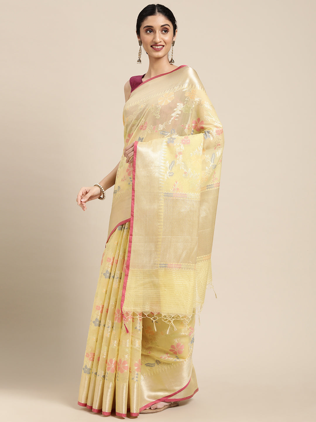 Faishana Presents Handwoven Yellow Masrise Cotton Tilfi Jaal Zari Border With Yellow Blouse Banarasi Saree
