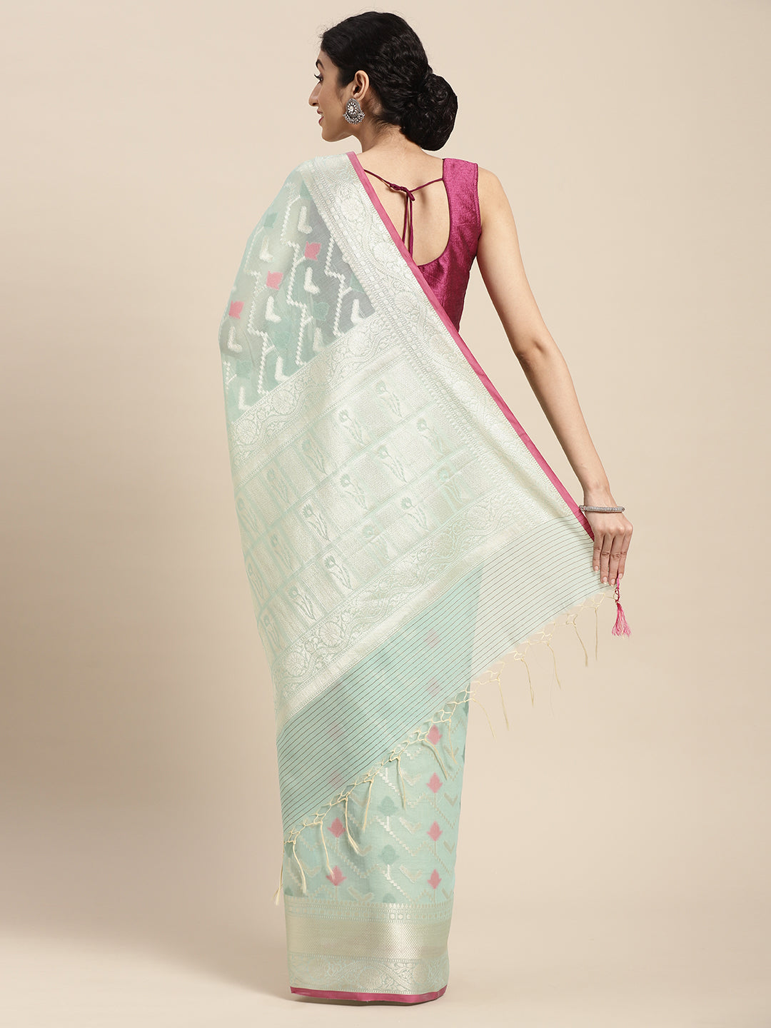 Faishana Presents Handwoven Seagreen Masrise Cotton Zig-Zag Jaal Zari Border With Seagreen Blouse Banarasi Saree