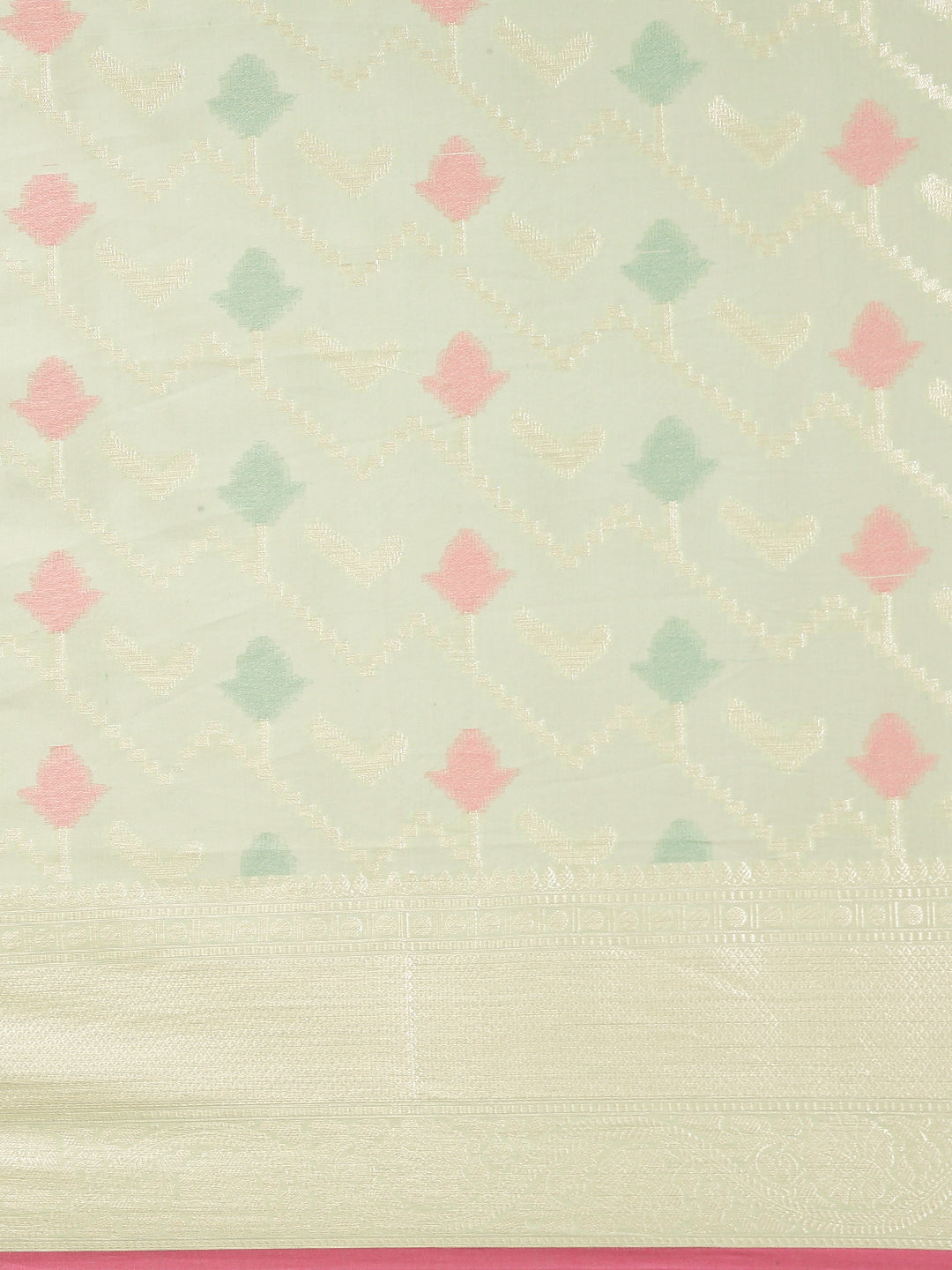 Faishana Presents Handwoven Pistachio Masrise Cotton Zig-Zag Jaal Zari Border With Pistachio Blouse Banarasi Saree