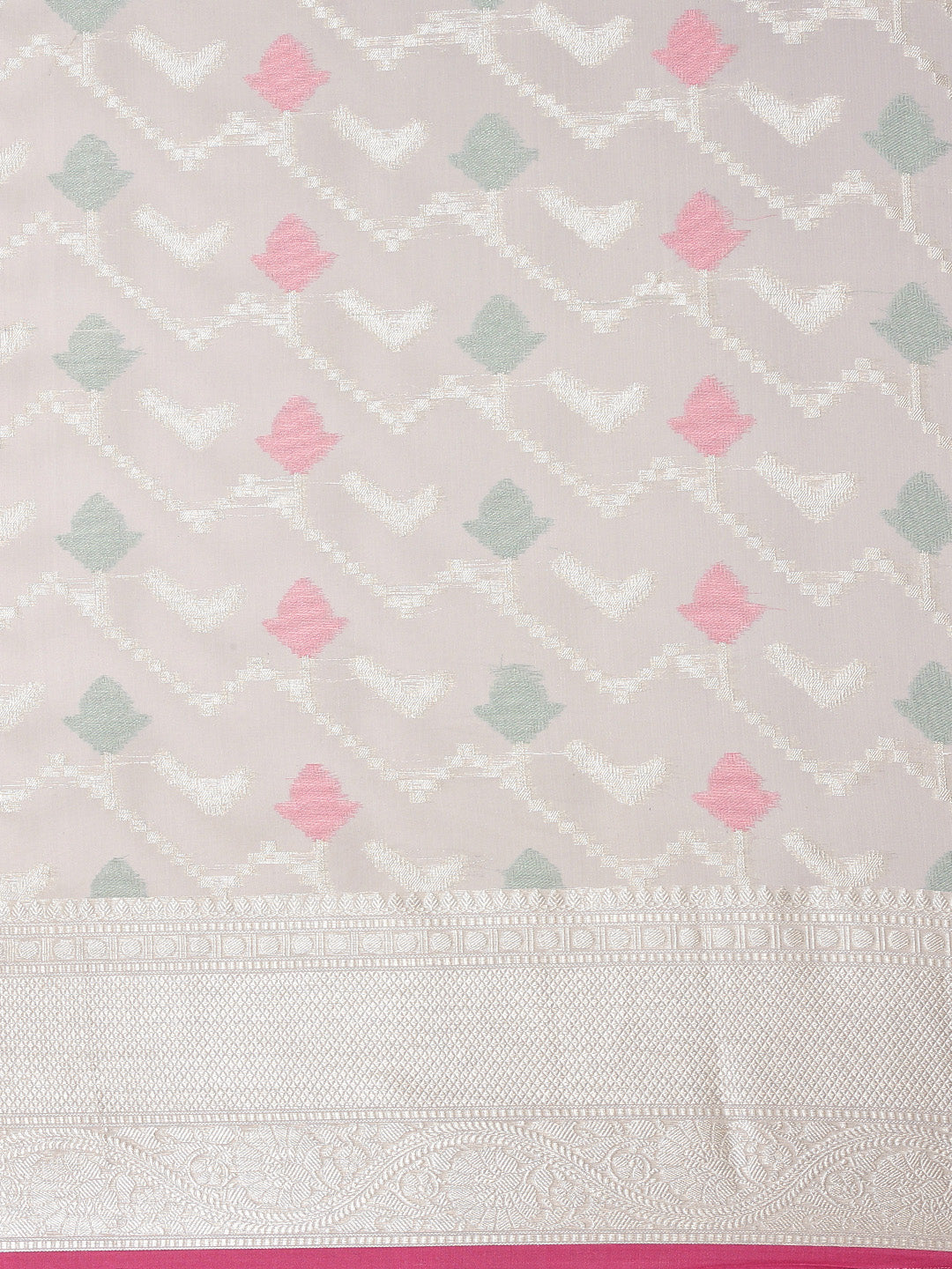 Faishana Presents Handwoven Grey Masrise Cotton Zig-Zag Jaal Zari Border With Grey Blouse Banarasi Saree
