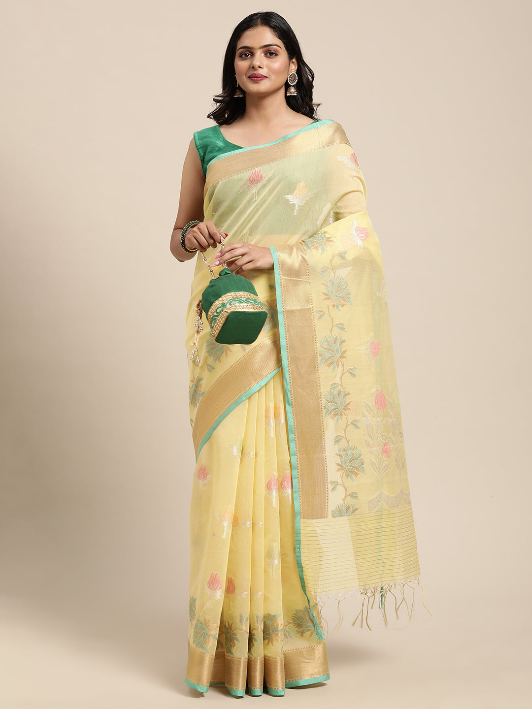 Faishana Presents Handwoven Yellow Masrise Cotton Tilfi Boota Alfi Skirt Border With Yellow Blouse Banarasi Saree
