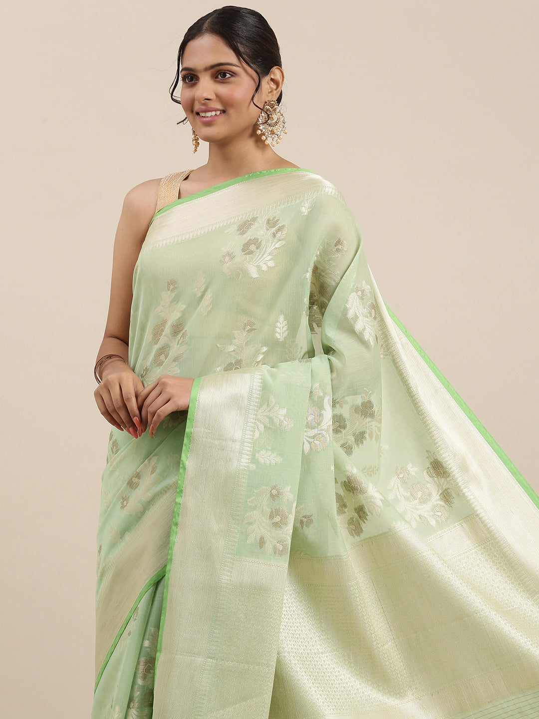 Faishana Presents Handwoven Pistachio Masrise Cotton Alfi Boota Zari Border With Pistachio Blouse Banarasi Saree