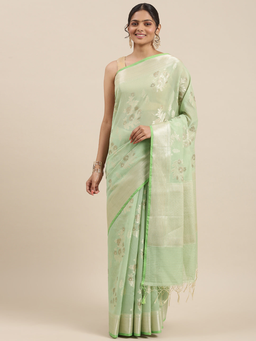 Faishana Presents Handwoven Pistachio Masrise Cotton Alfi Boota Zari Border With Pistachio Blouse Banarasi Saree