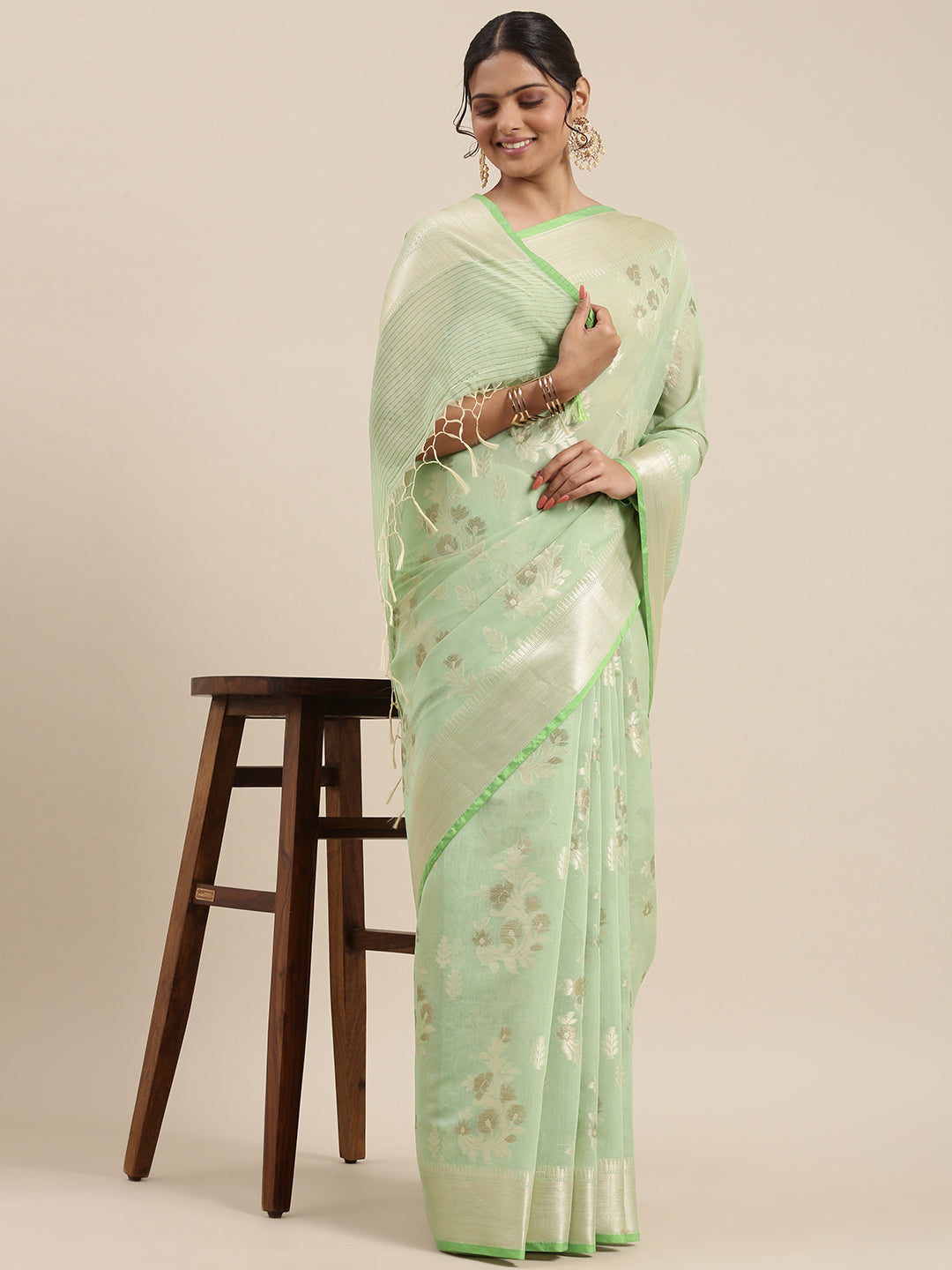 Faishana Presents Handwoven Pistachio Masrise Cotton Alfi Boota Zari Border With Pistachio Blouse Banarasi Saree