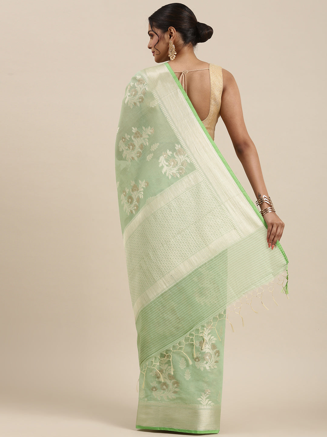 Faishana Presents Handwoven Pistachio Masrise Cotton Alfi Boota Zari Border With Pistachio Blouse Banarasi Saree