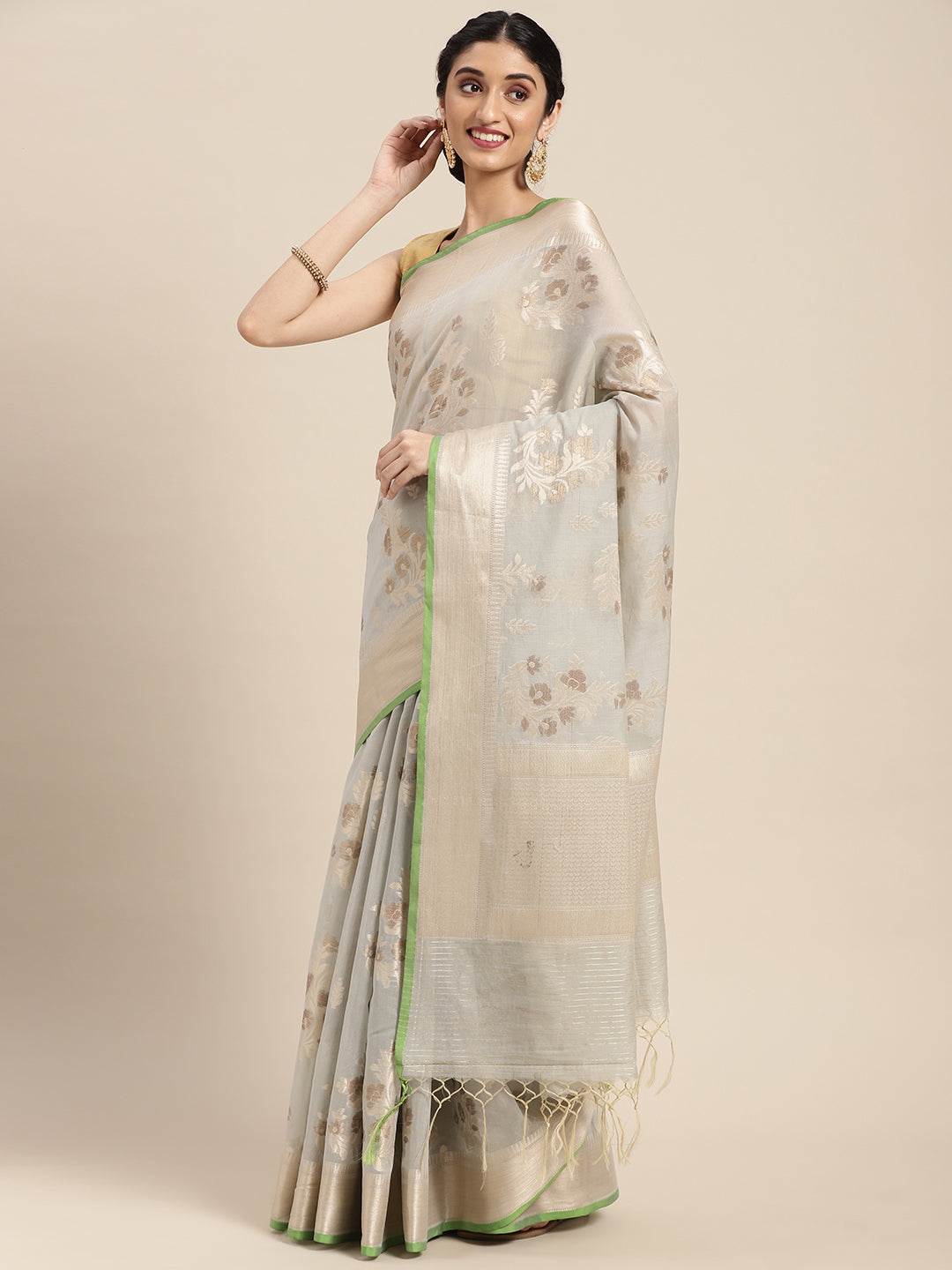Faishana Presents Handwoven Grey Masrise Cotton Alfi Boota Zari Border With Grey Blouse Banarasi Saree