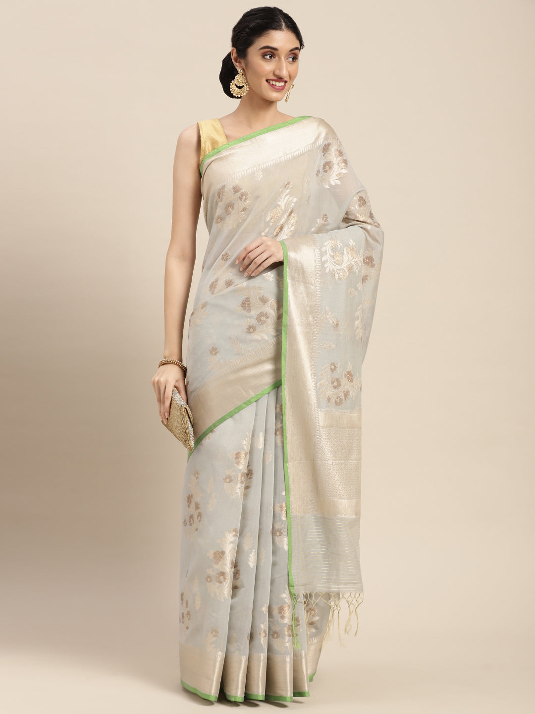 Faishana Presents Handwoven Grey Masrise Cotton Alfi Boota Zari Border With Grey Blouse Banarasi Saree