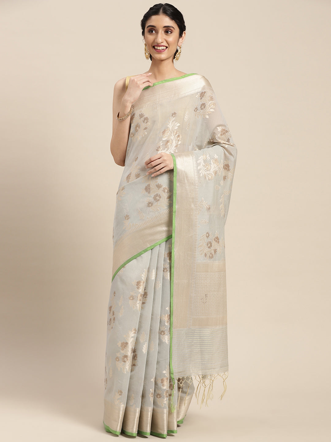 Faishana Presents Handwoven Grey Masrise Cotton Alfi Boota Zari Border With Grey Blouse Banarasi Saree