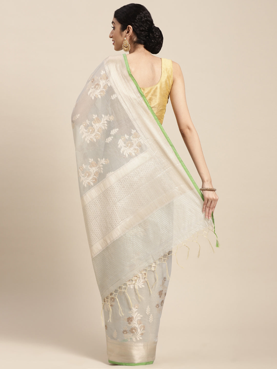 Faishana Presents Handwoven Grey Masrise Cotton Alfi Boota Zari Border With Grey Blouse Banarasi Saree