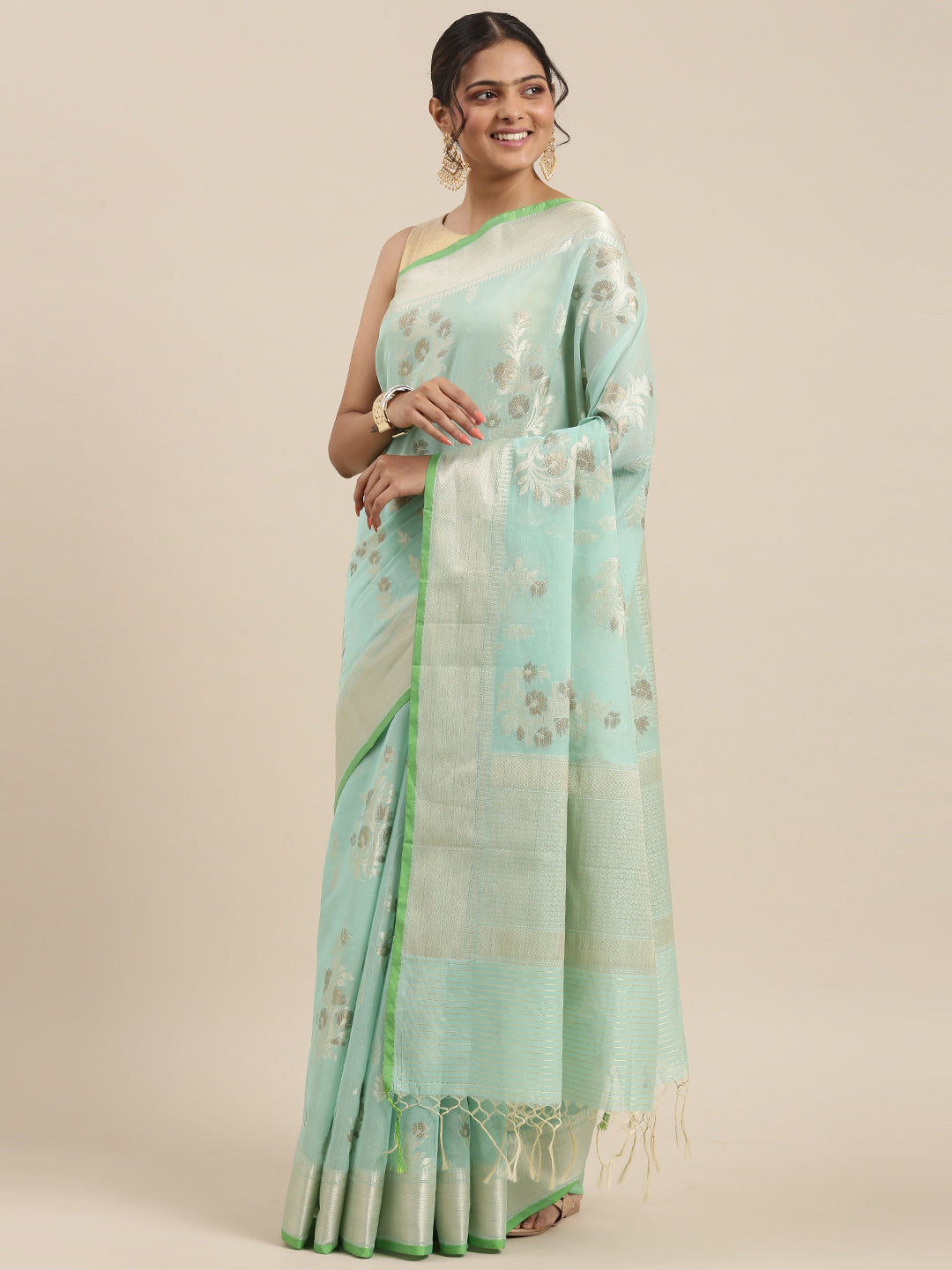 Faishana Presents Handwoven Seagreen Masrise Cotton Alfi Boota Zari Border With Seagreen Blouse Banarasi Saree