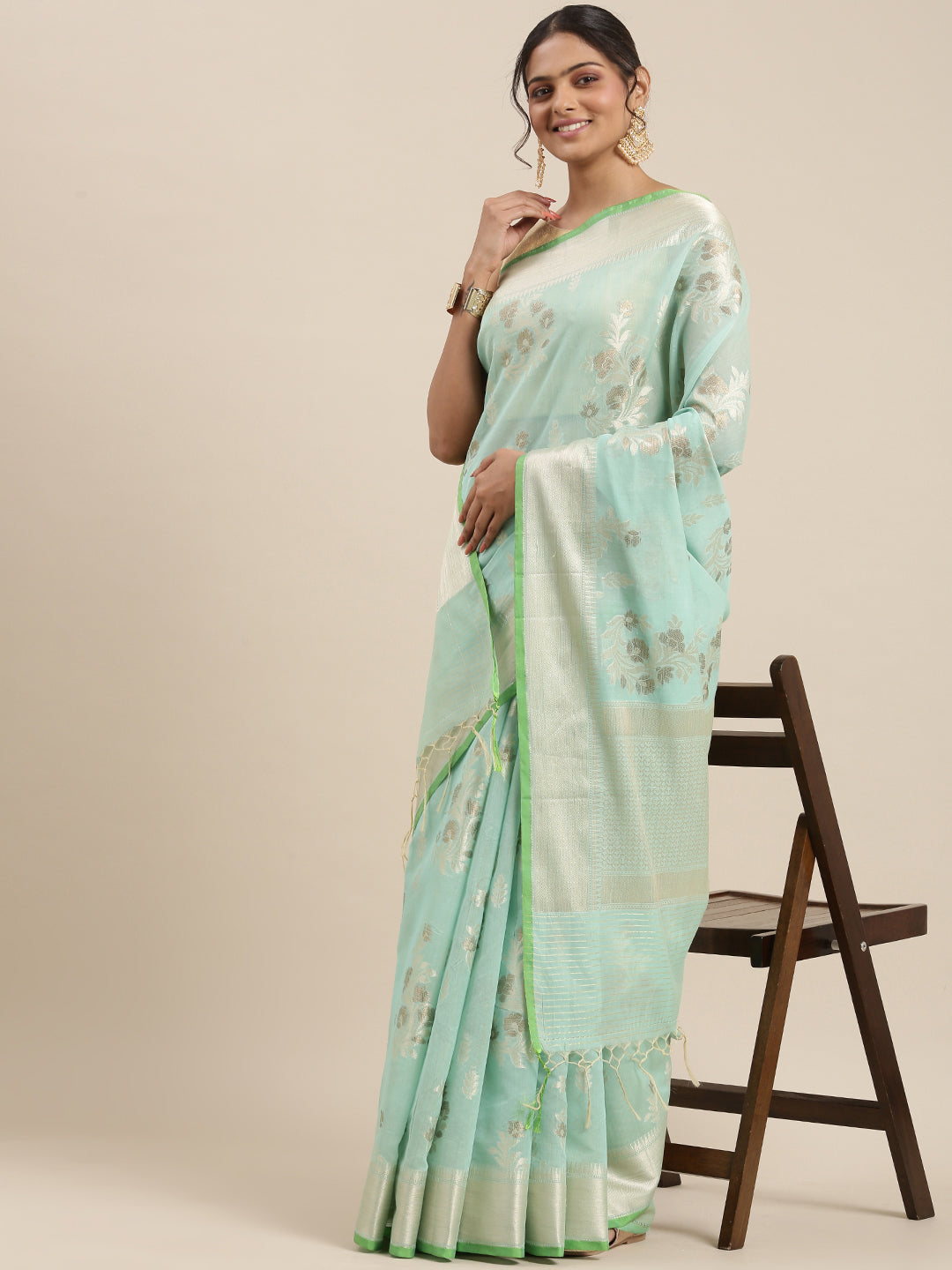 Faishana Presents Handwoven Seagreen Masrise Cotton Alfi Boota Zari Border With Seagreen Blouse Banarasi Saree