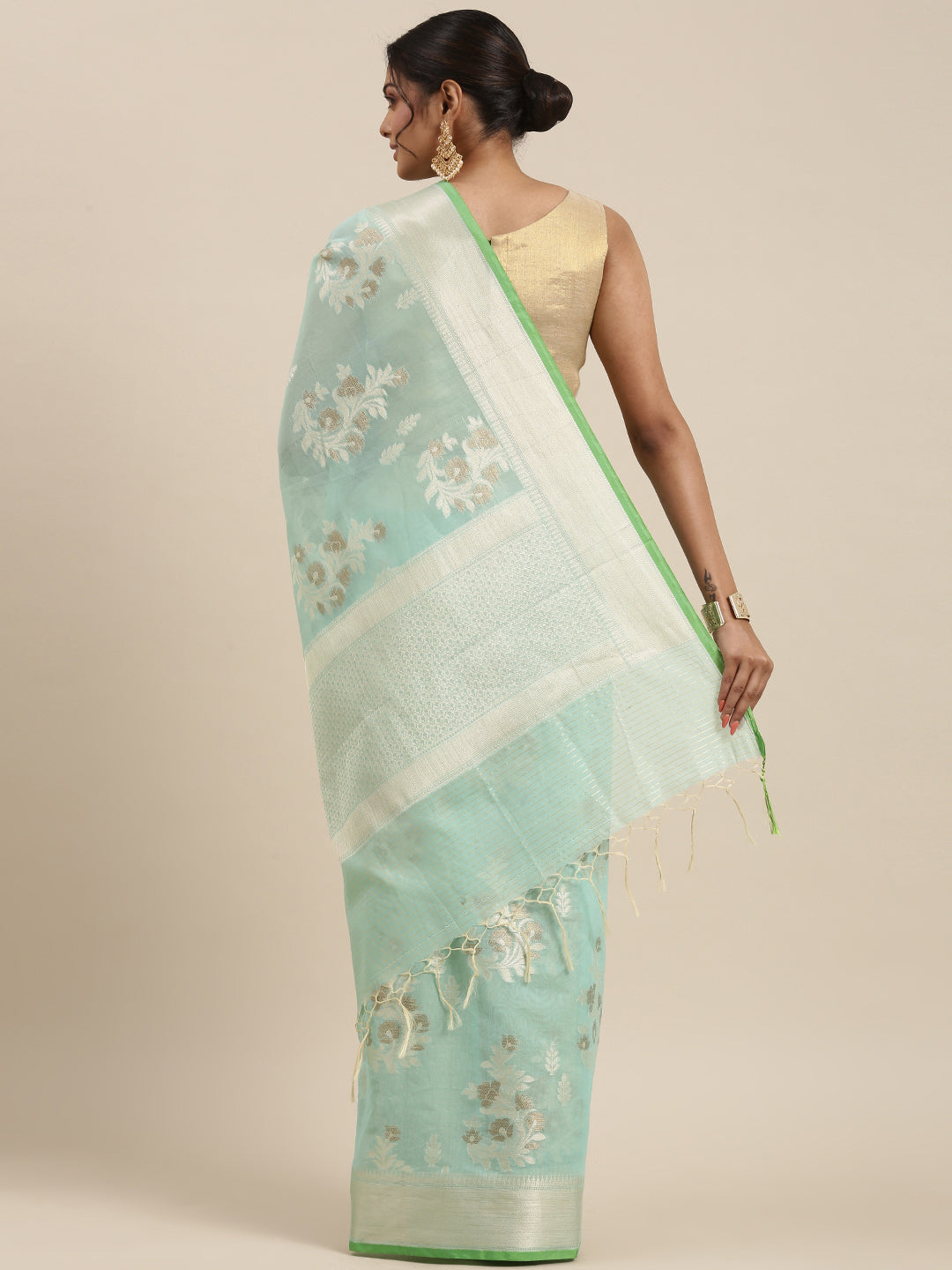 Faishana Presents Handwoven Seagreen Masrise Cotton Alfi Boota Zari Border With Seagreen Blouse Banarasi Saree