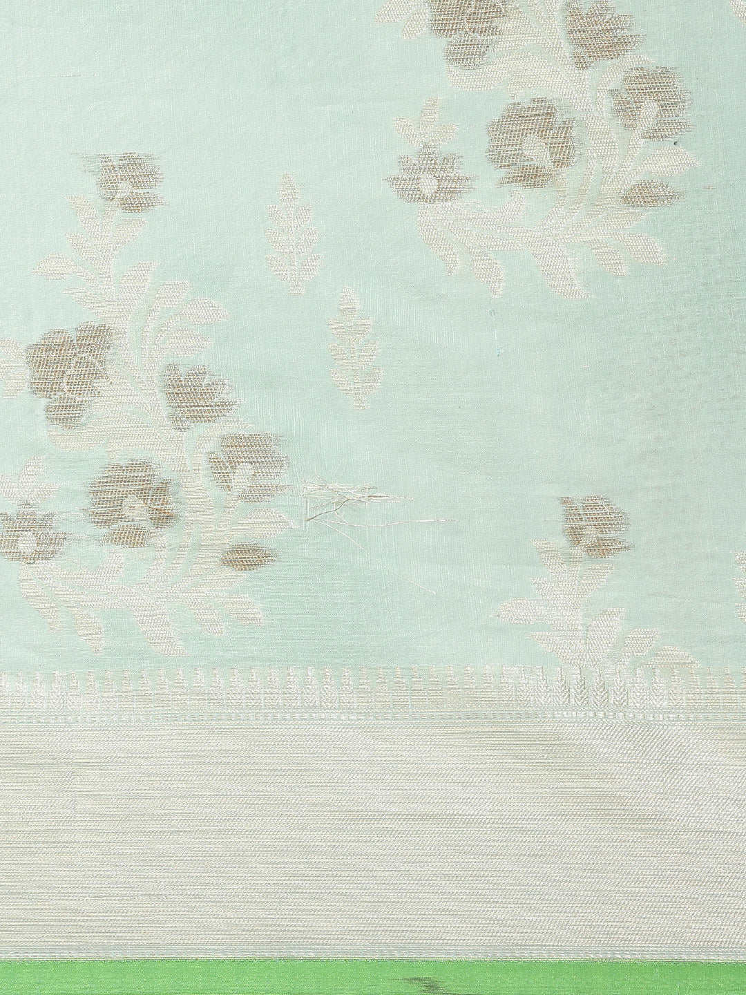Faishana Presents Handwoven Seagreen Masrise Cotton Alfi Boota Zari Border With Seagreen Blouse Banarasi Saree