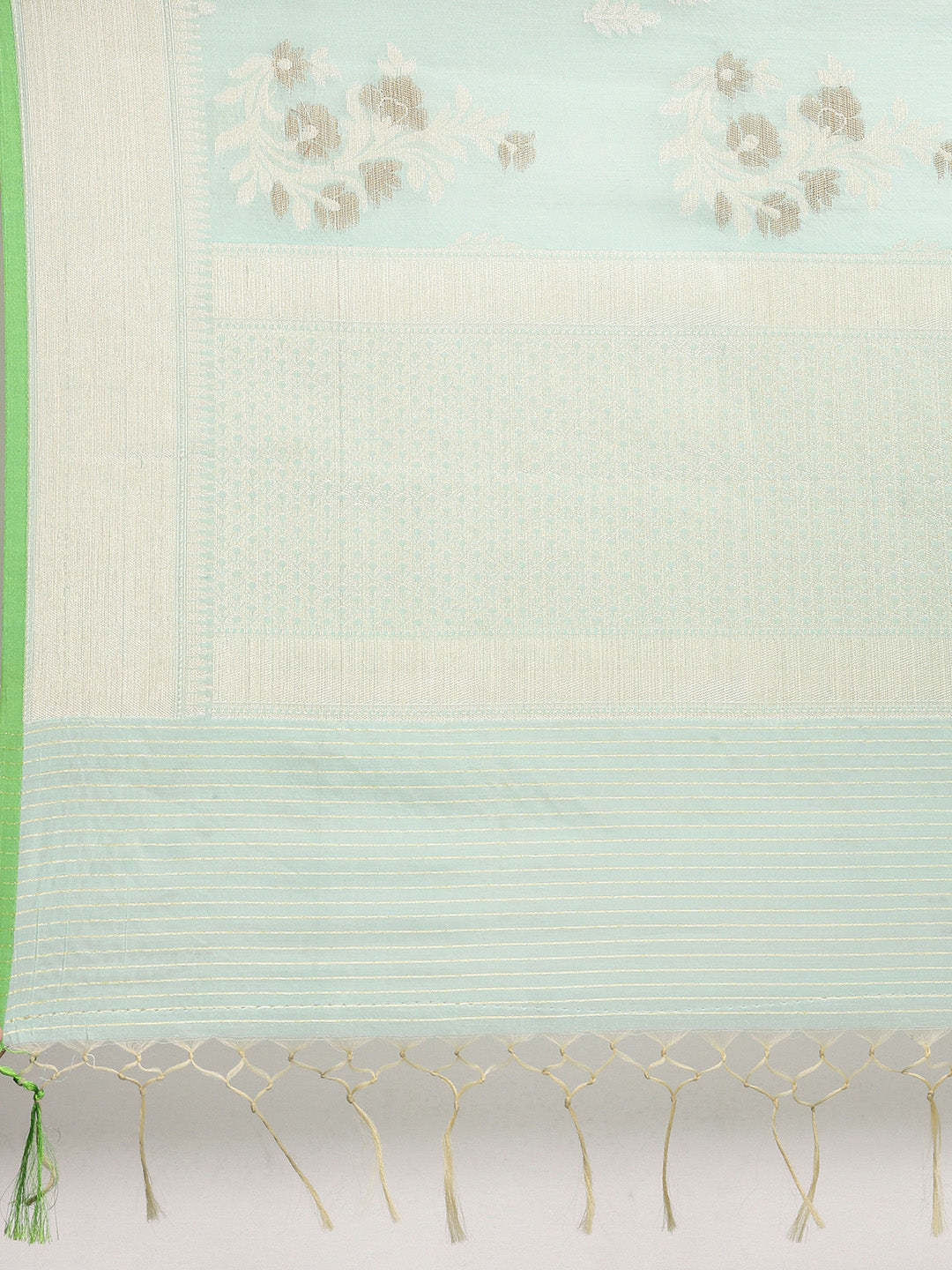 Faishana Presents Handwoven Seagreen Masrise Cotton Alfi Boota Zari Border With Seagreen Blouse Banarasi Saree