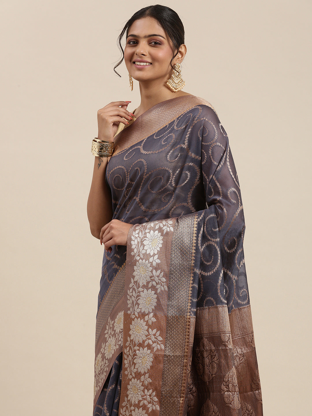 Grey Mercerise Cotton Banarasi Sarees For Women GEMSWRTCN_220