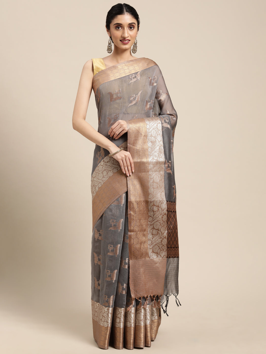 Faishana Presents Handwoven Grey Masrise Cotton Boota Skirt Border With Cheeku Color Blouse Banarasi Saree