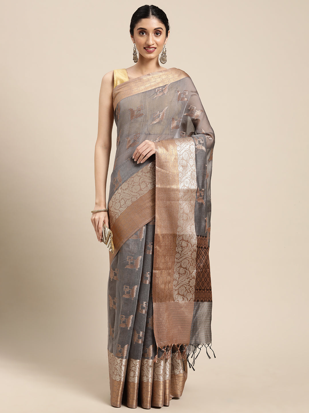 Faishana Presents Handwoven Grey Masrise Cotton Boota Skirt Border With Cheeku Color Blouse Banarasi Saree