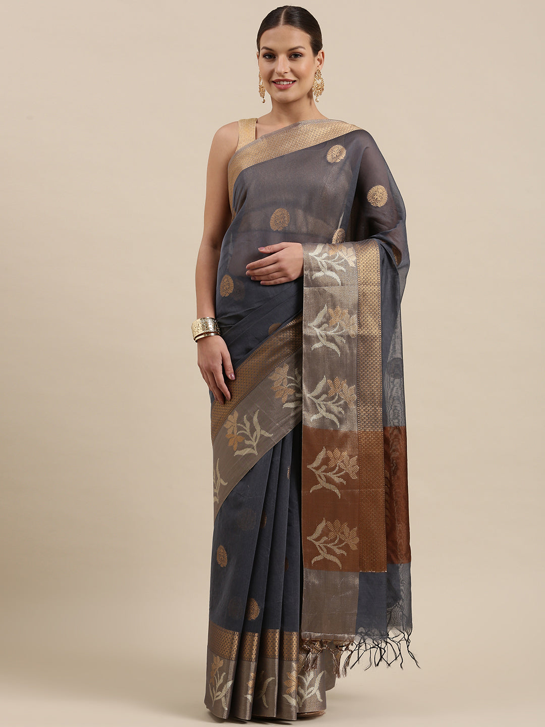 Faishana Presents Handwoven Grey Masrise Cotton Alfi Skirt Border With Brown Blouse Banarasi Saree