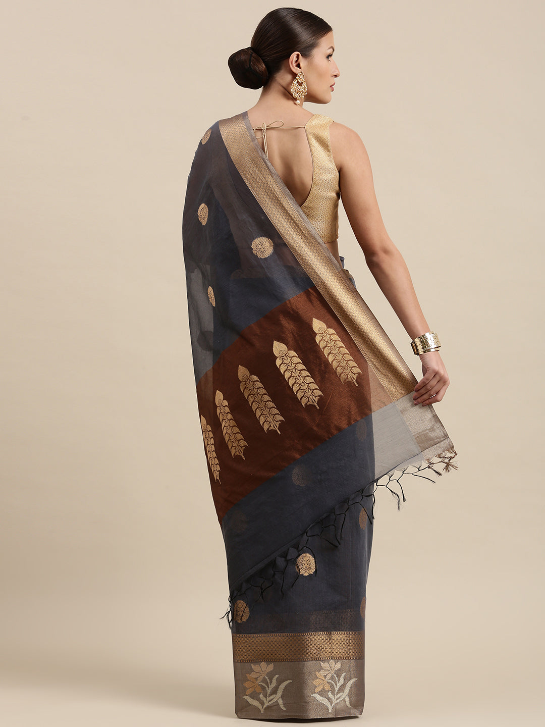 Faishana Presents Handwoven Grey Masrise Cotton Alfi Skirt Border With Brown Blouse Banarasi Saree