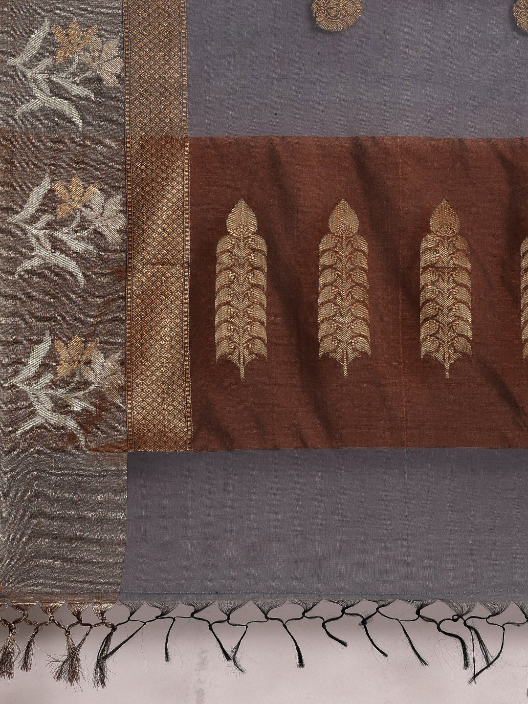Faishana Presents Handwoven Grey Masrise Cotton Alfi Skirt Border With Brown Blouse Banarasi Saree