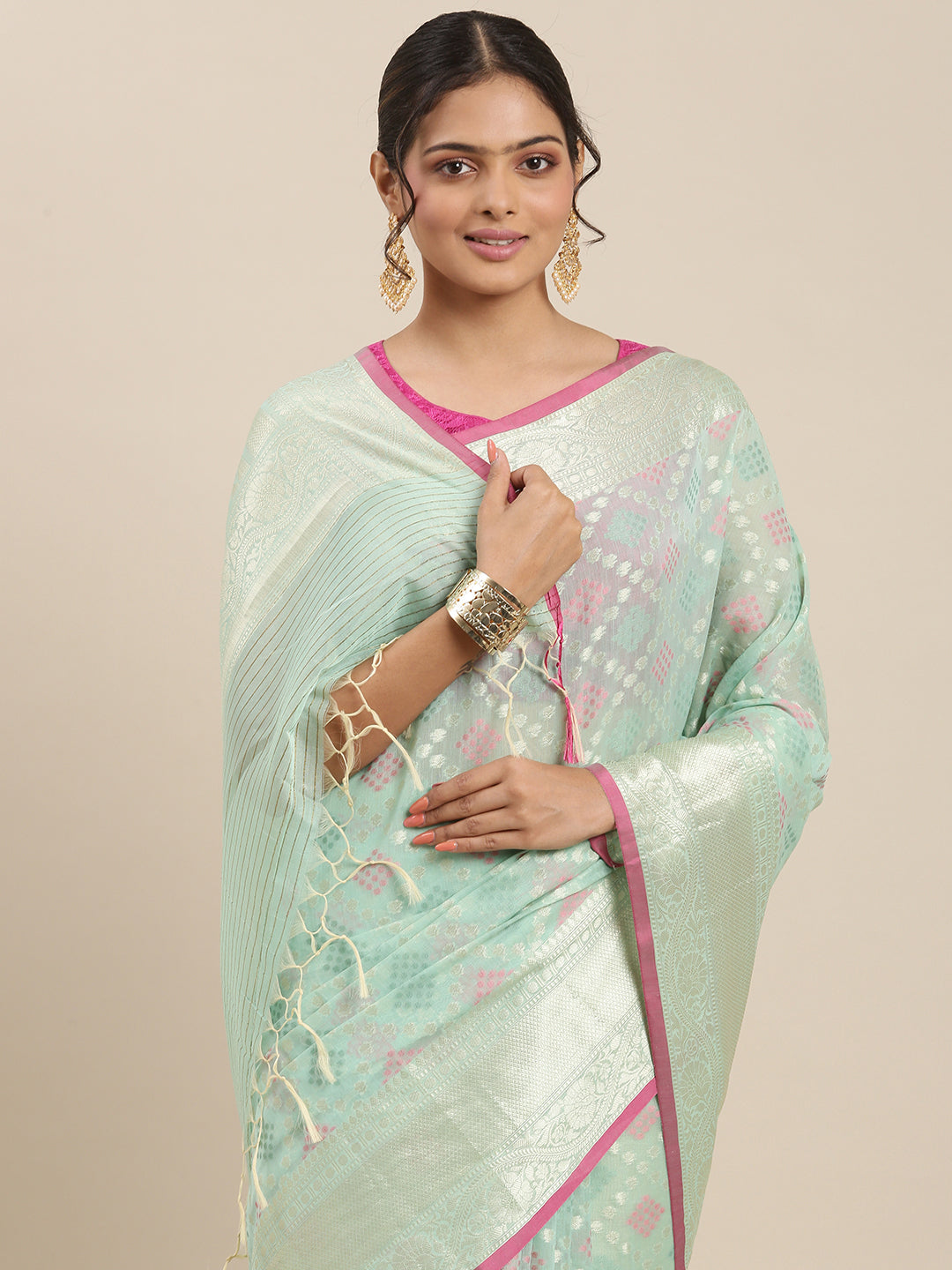 Faishana Presents Handwoven Seagreen Masrise Cotton Tilfi Jaal Skirt Border With Seagreen Blouse Banarasi Saree